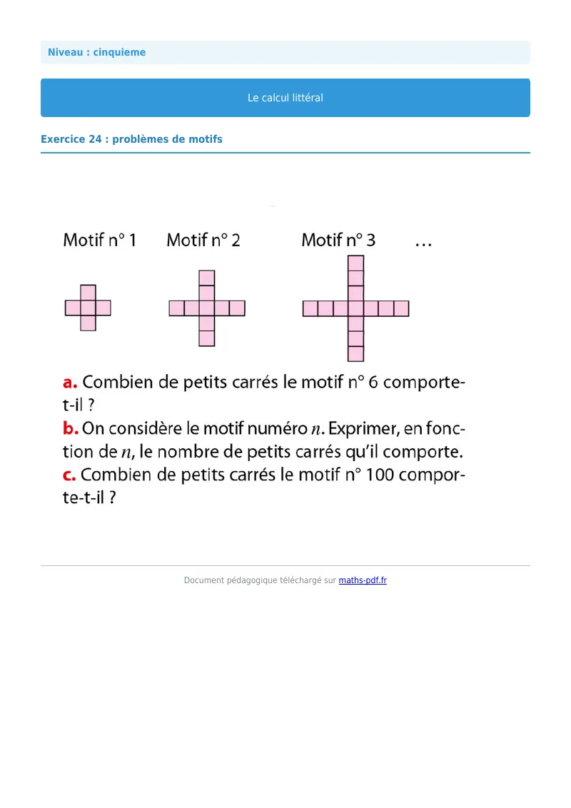 Calcul littéral : exercice n°24 de maths en 5ème corrigé en PDF