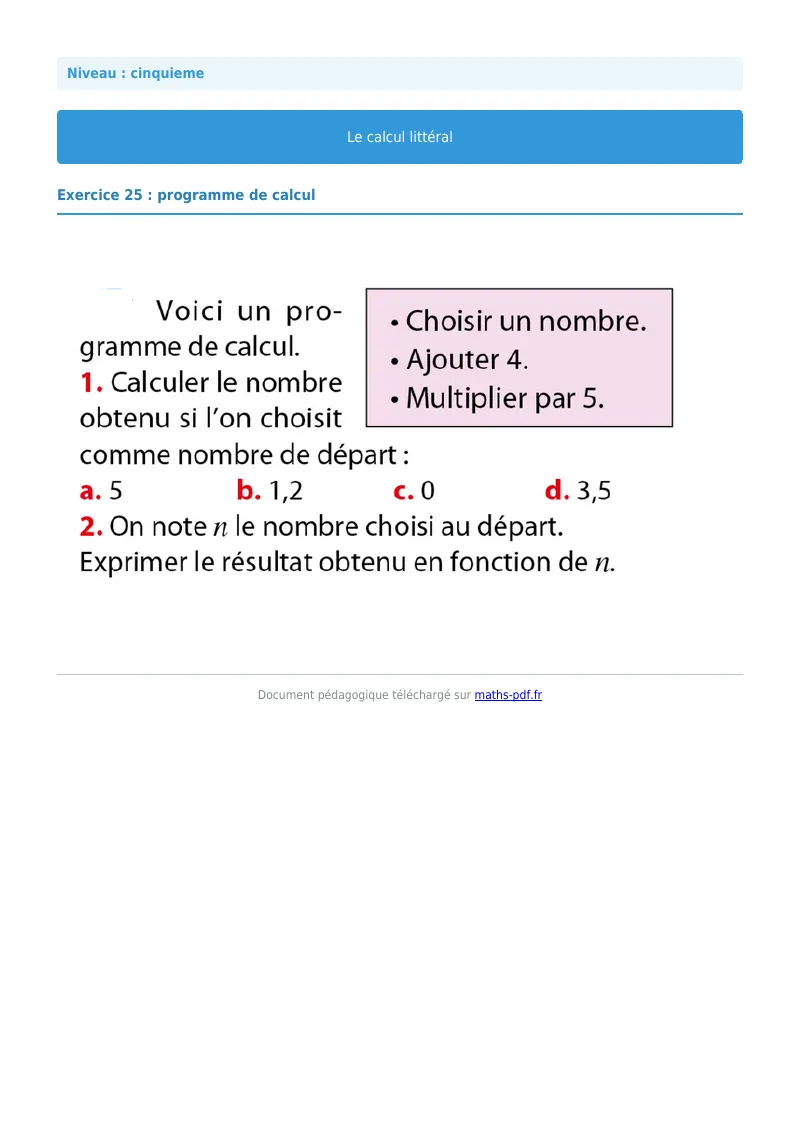Calcul littéral : exercice n°25 de maths en 5ème corrigé en PDF