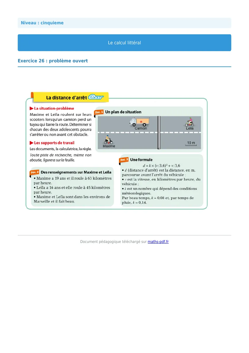 Calcul littéral : exercice n°26 de maths en 5ème corrigé en PDF