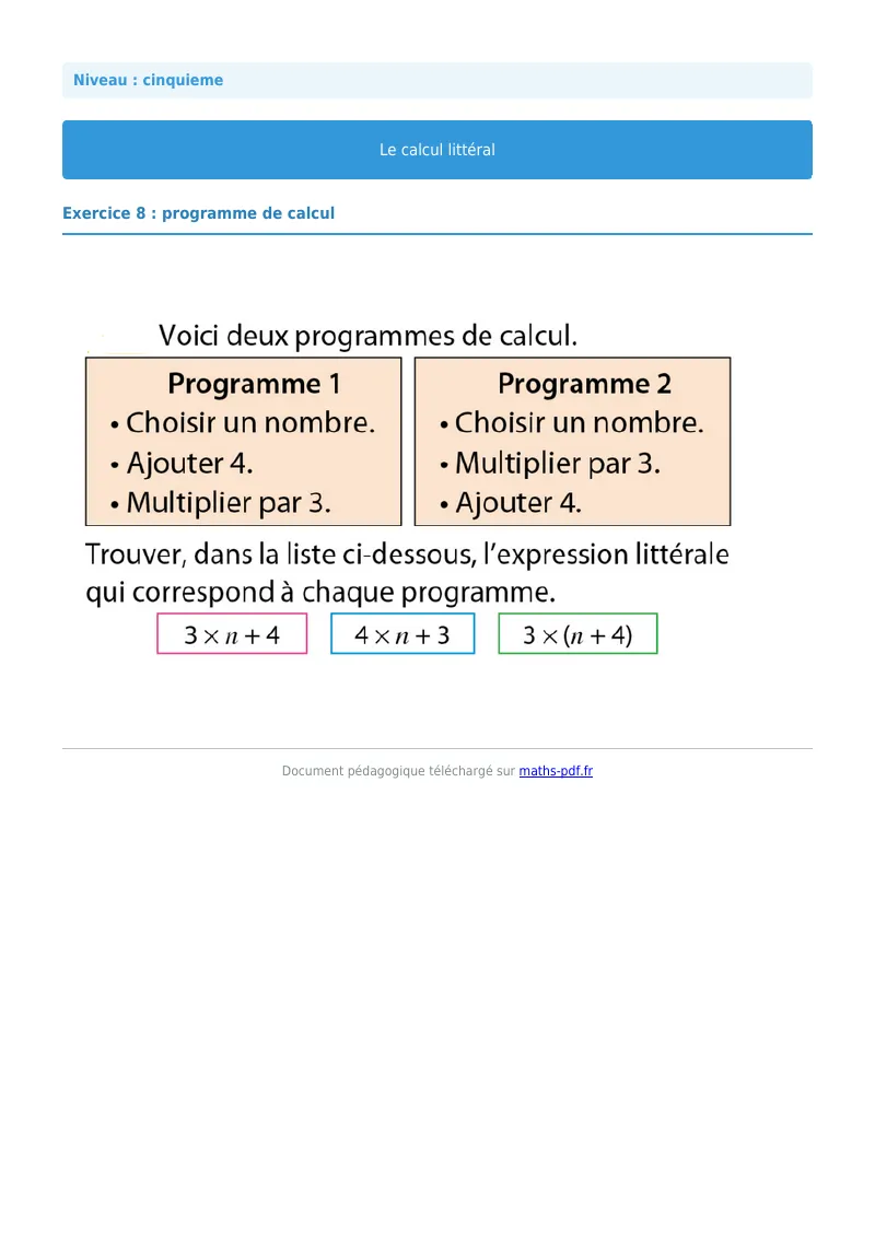 Calcul littéral : exercice n°27 de maths en 5ème corrigé en PDF