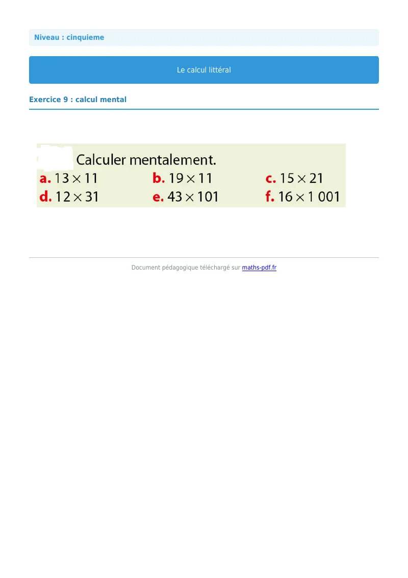 Calcul littéral : exercice n°28 de maths en 5ème corrigé en PDF