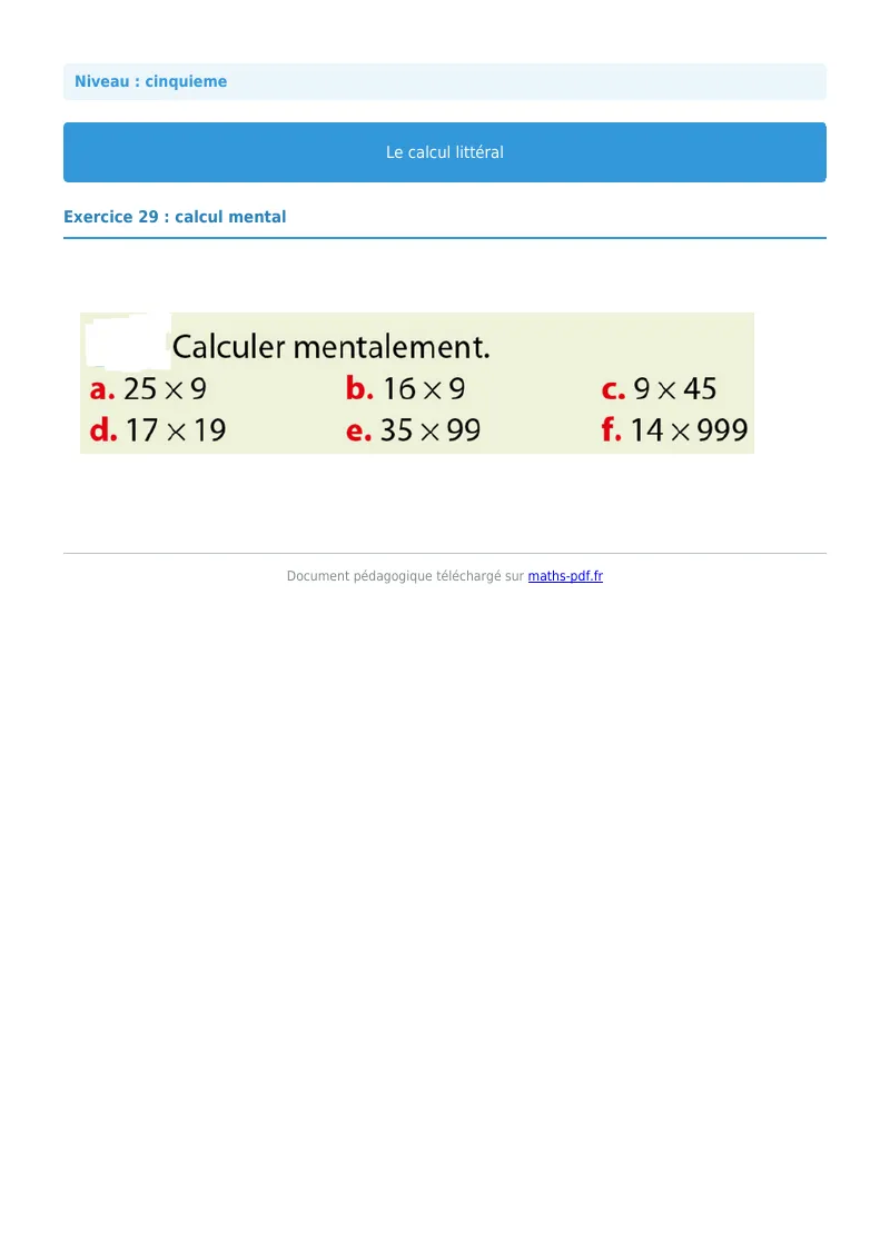 Calcul littéral : exercice n°29 de maths en 5ème corrigé en PDF