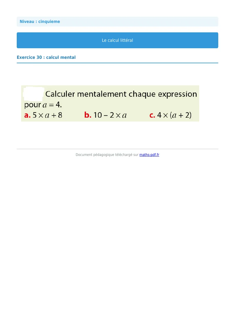 Calcul littéral : exercice n°30 de maths en 5ème corrigé en PDF