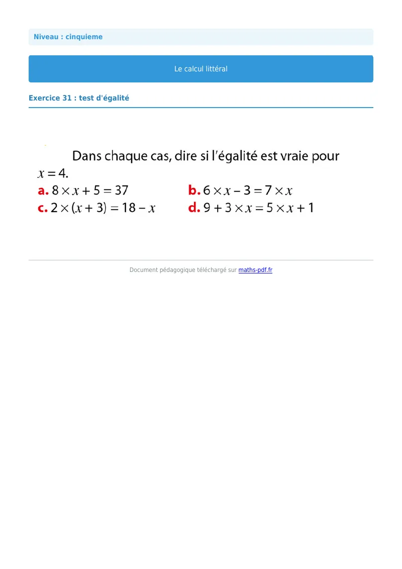 Calcul littéral : exercice n°31 de maths en 5ème corrigé en PDF