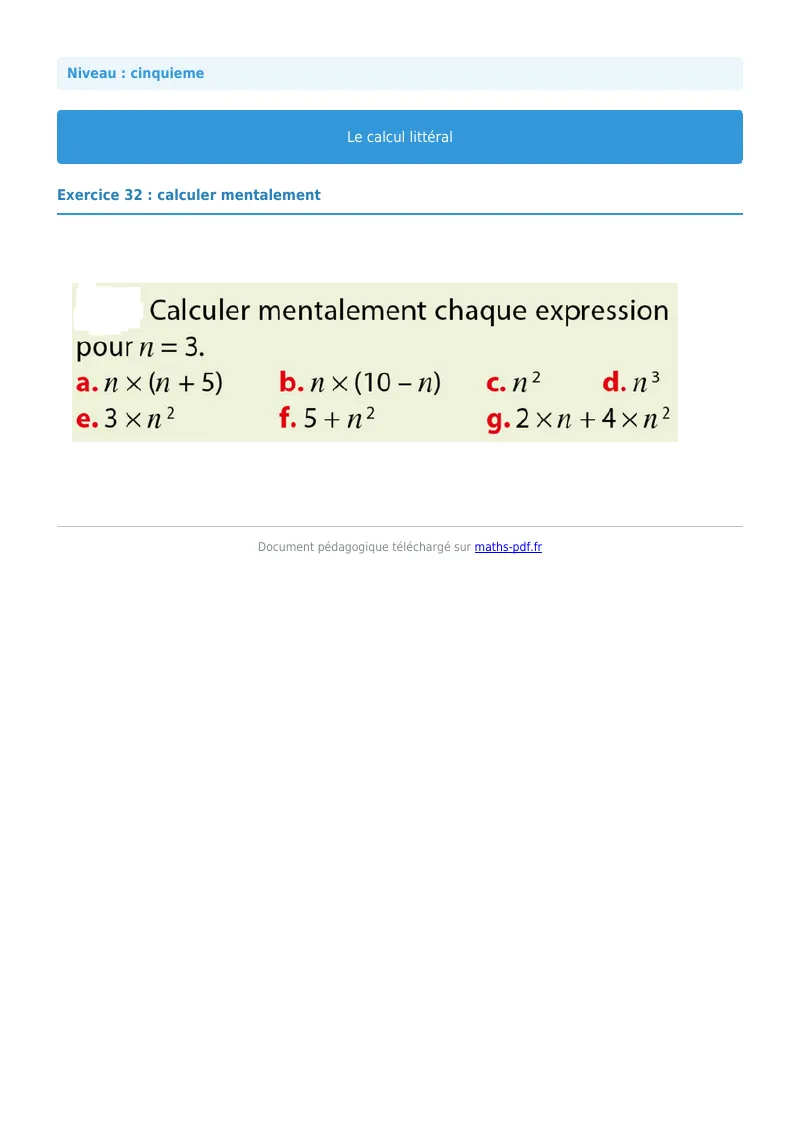 Calcul littéral : exercice n°32 de maths en 5ème corrigé en PDF