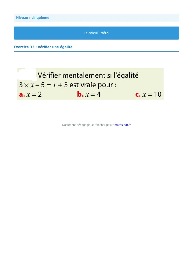 Calcul littéral : exercice n°33 de maths en 5ème corrigé en PDF