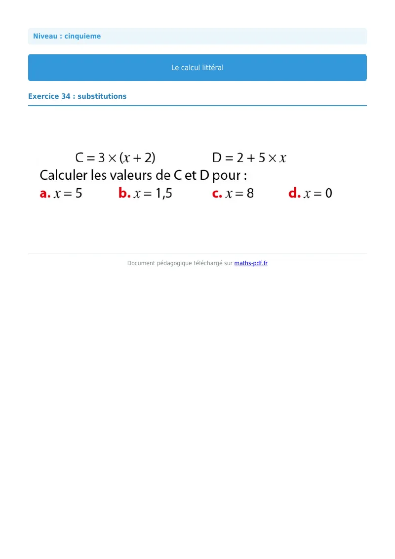 Calcul littéral : exercice n°34 de maths en 5ème corrigé en PDF