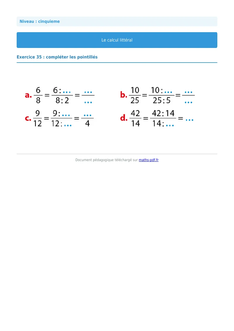 Calcul littéral : exercice n°35 de maths en 5ème corrigé en PDF