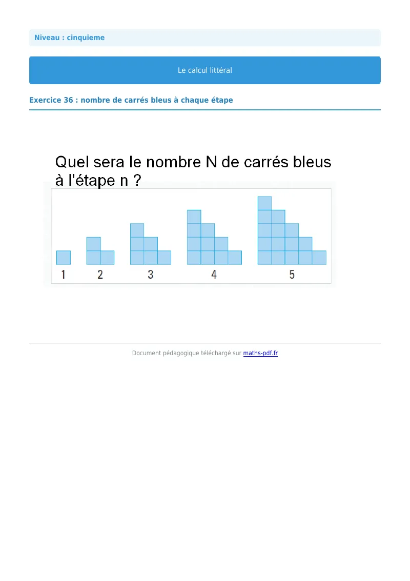 Calcul littéral : exercice n°36 de maths en 5ème corrigé en PDF