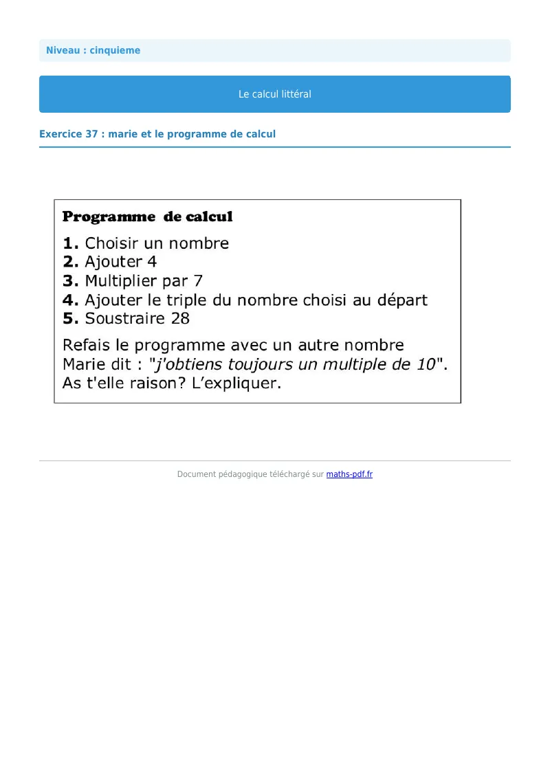 Calcul littéral : exercice n°37 de maths en 5ème corrigé en PDF