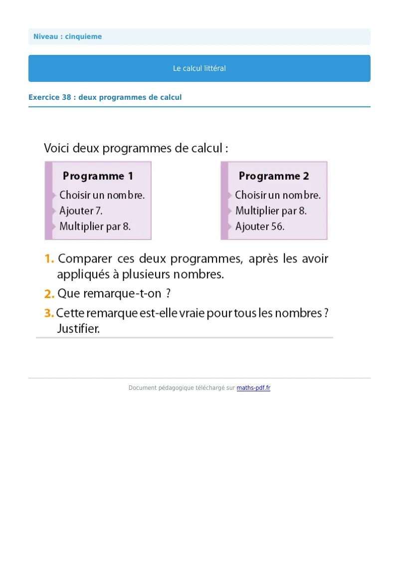 Calcul littéral : exercice n°38 de maths en 5ème corrigé en PDF