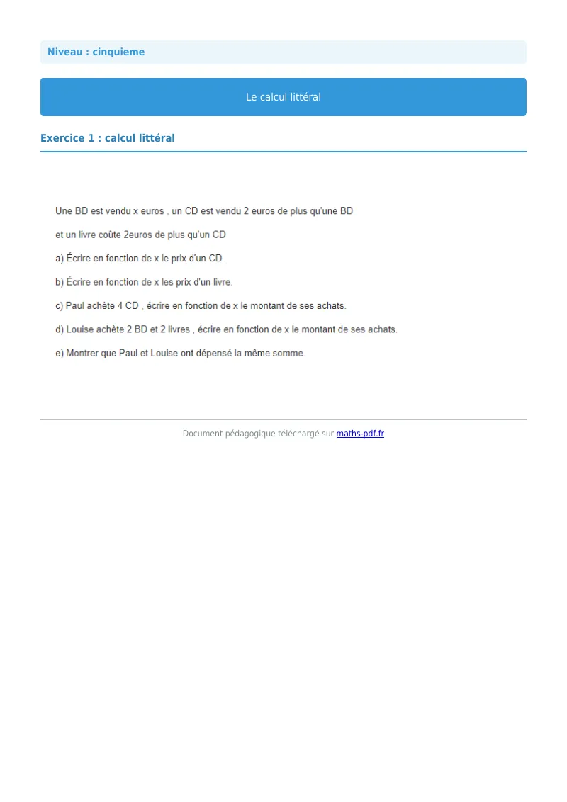 Calcul littéral : exercice n°1 de maths en 5ème corrigé en PDF