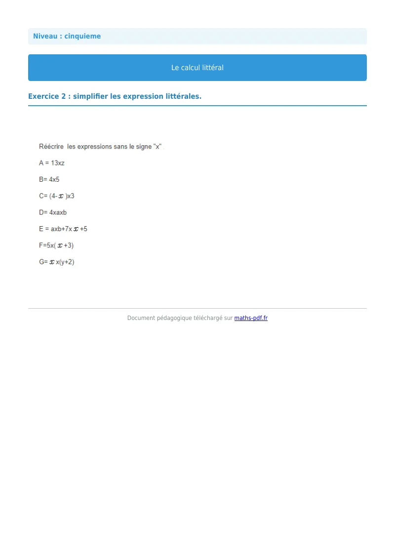 Calcul littéral : exercice n°2 de maths en 5ème corrigé en PDF