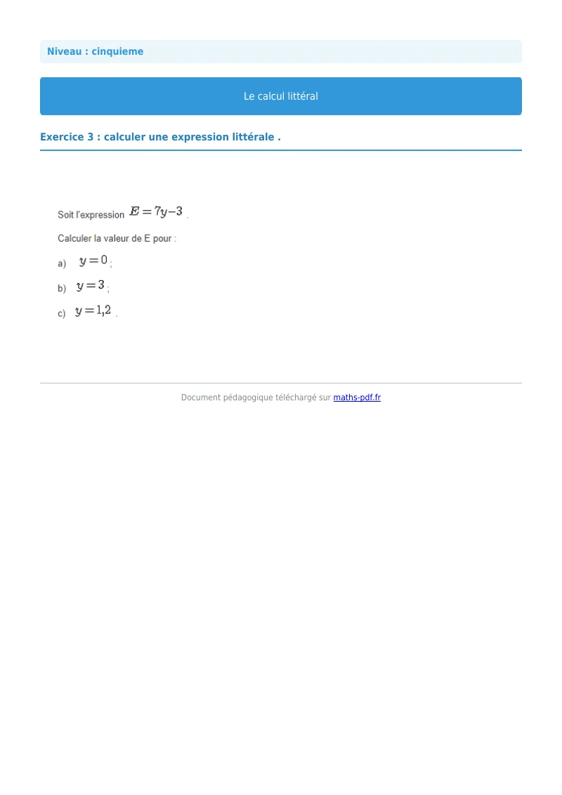 Calcul littéral : exercice n°3 de maths en 5ème corrigé en PDF