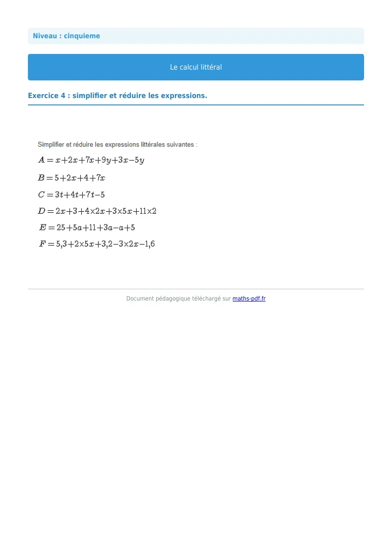 Calcul littéral : exercice n°4 de maths en 5ème corrigé en PDF