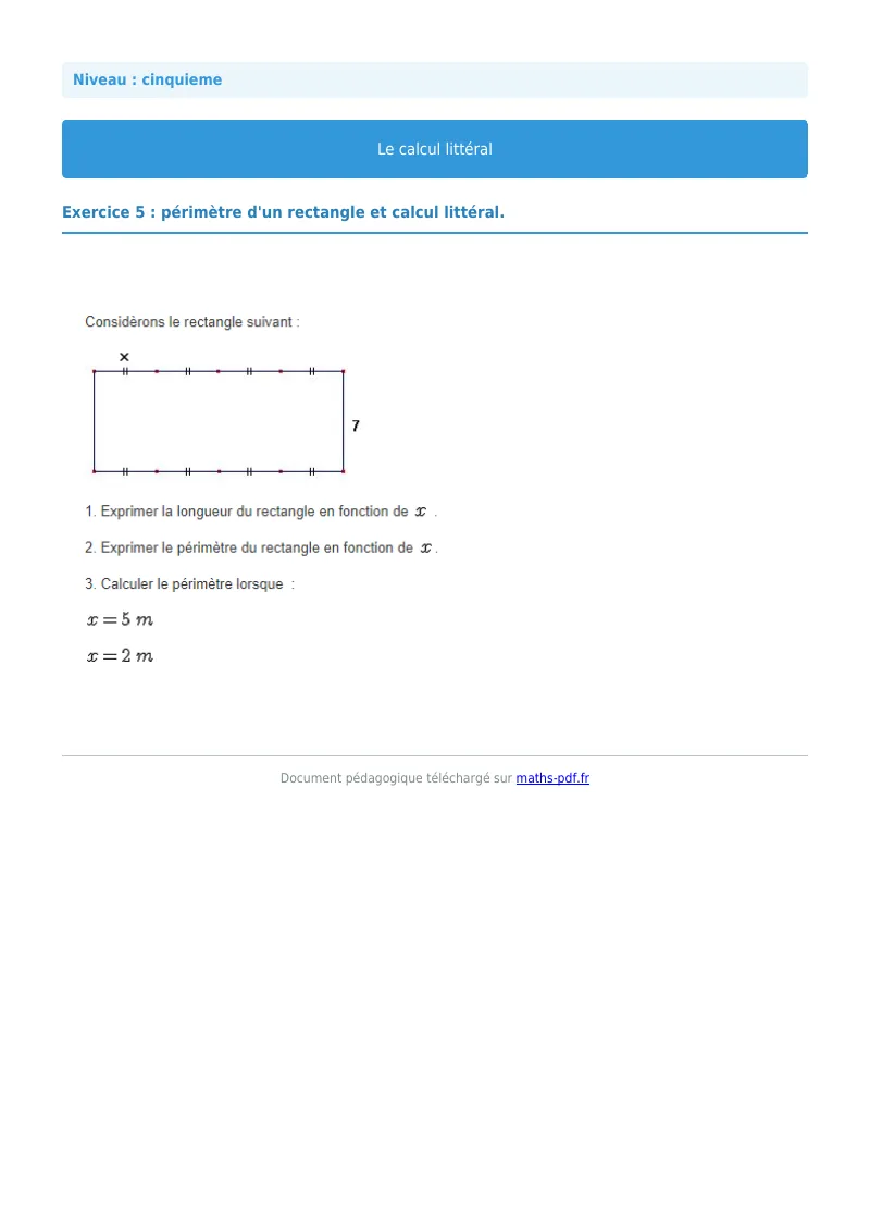 Calcul littéral : exercice n°5 de maths en 5ème corrigé en PDF