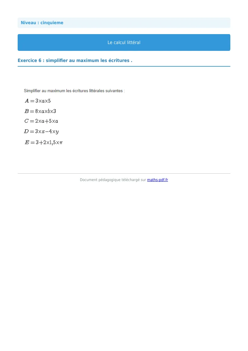 Calcul littéral : exercice n°6 de maths en 5ème corrigé en PDF