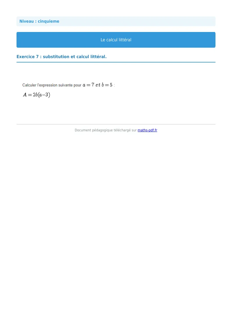 Calcul littéral : exercice n°7 de maths en 5ème corrigé en PDF
