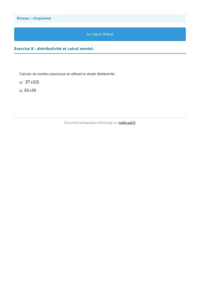 Calcul littéral : exercice n°8 de maths en 5ème corrigé en PDF