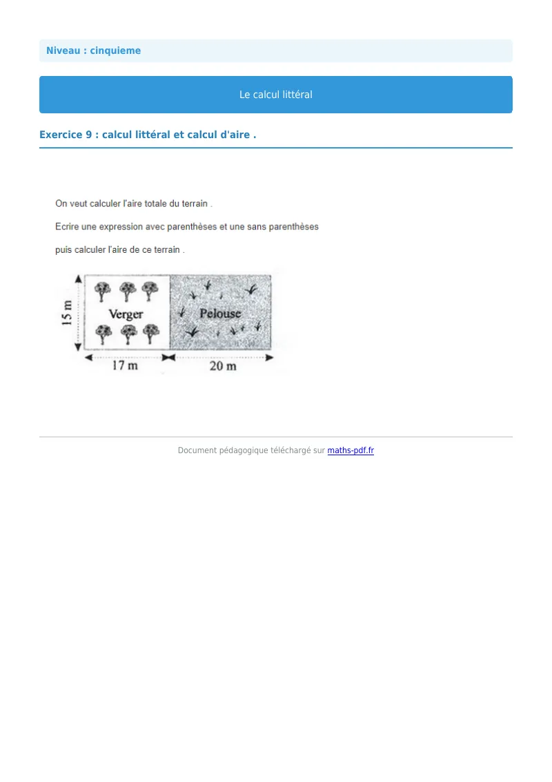 Calcul littéral : exercice n°9 de maths en 5ème corrigé en PDF
