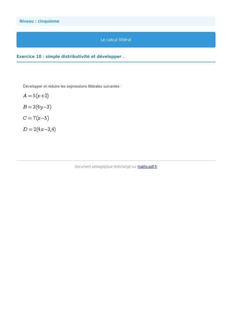 Calcul littéral : exercice n°10 de maths en 5ème corrigé en PDF