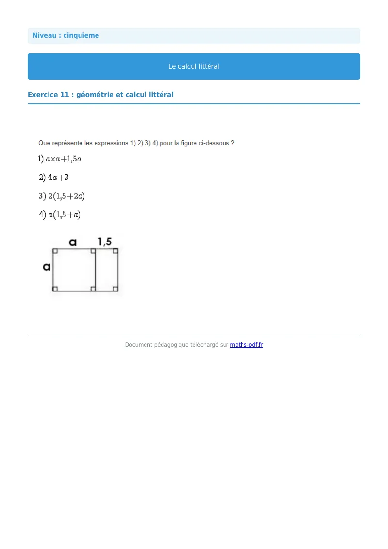 Calcul littéral : exercice n°11 de maths en 5ème corrigé en PDF