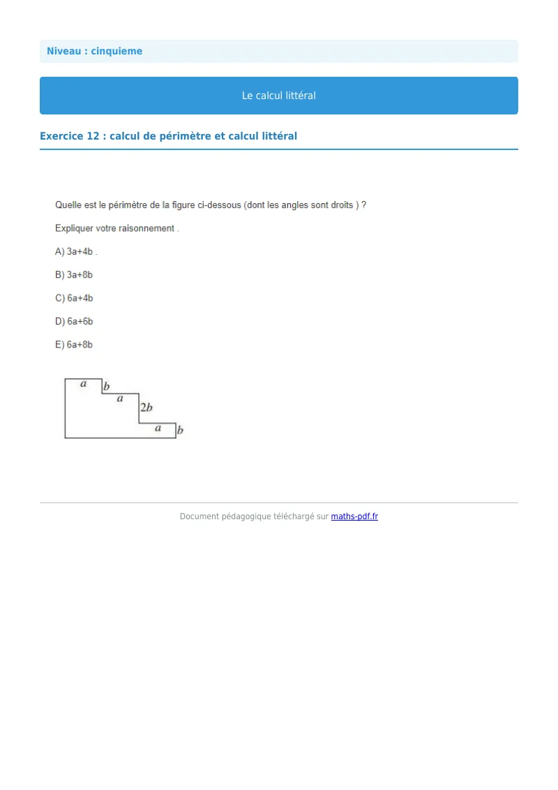 Calcul littéral : exercice n°12 de maths en 5ème corrigé en PDF