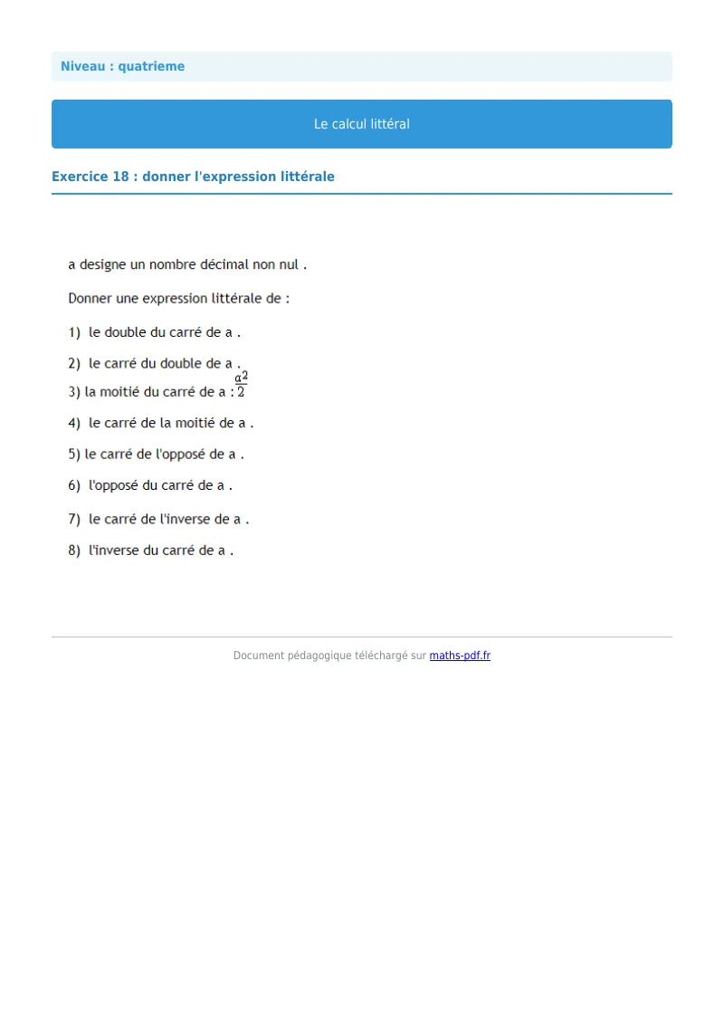 Calcul littéral : exercice n°18 de maths en 4ème corrigé en PDF