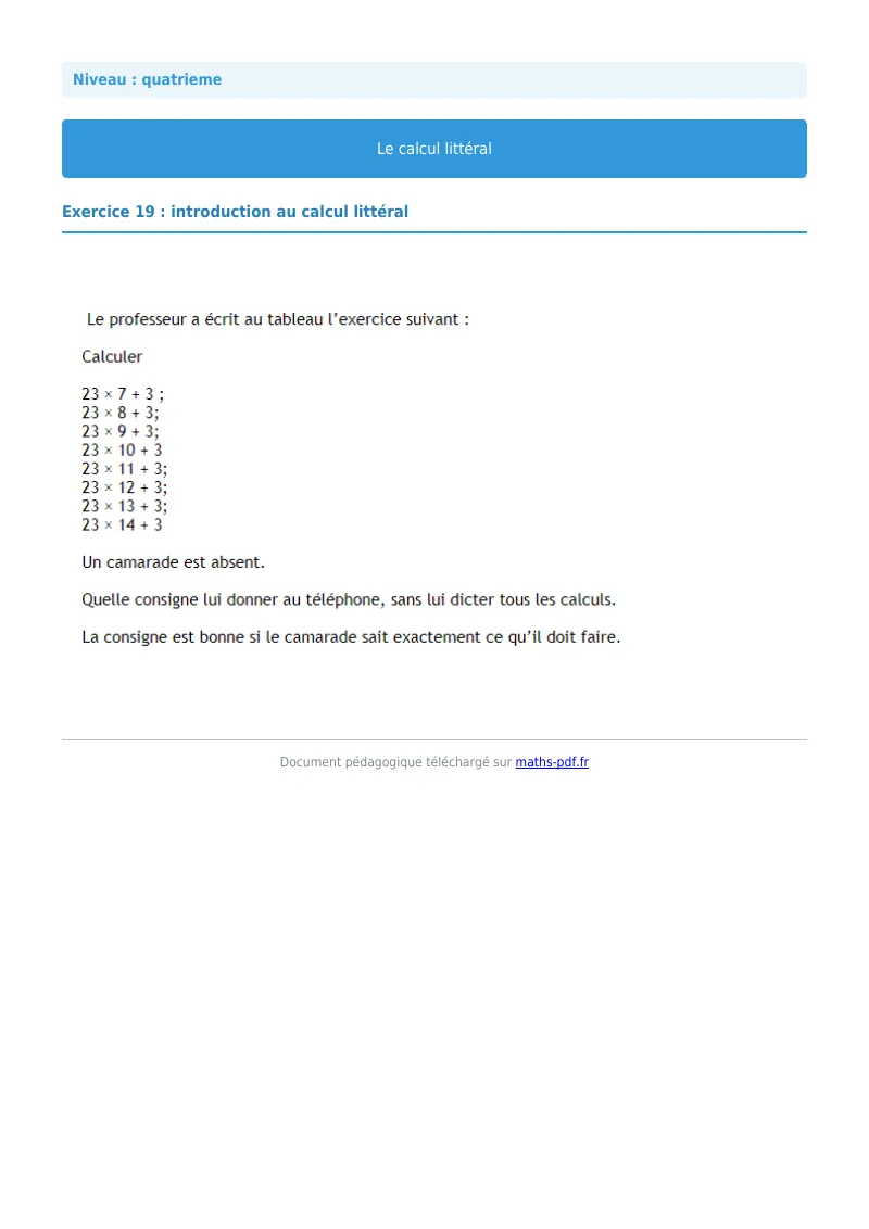 Calcul littéral : exercice n°19 de maths en 4ème corrigé en PDF