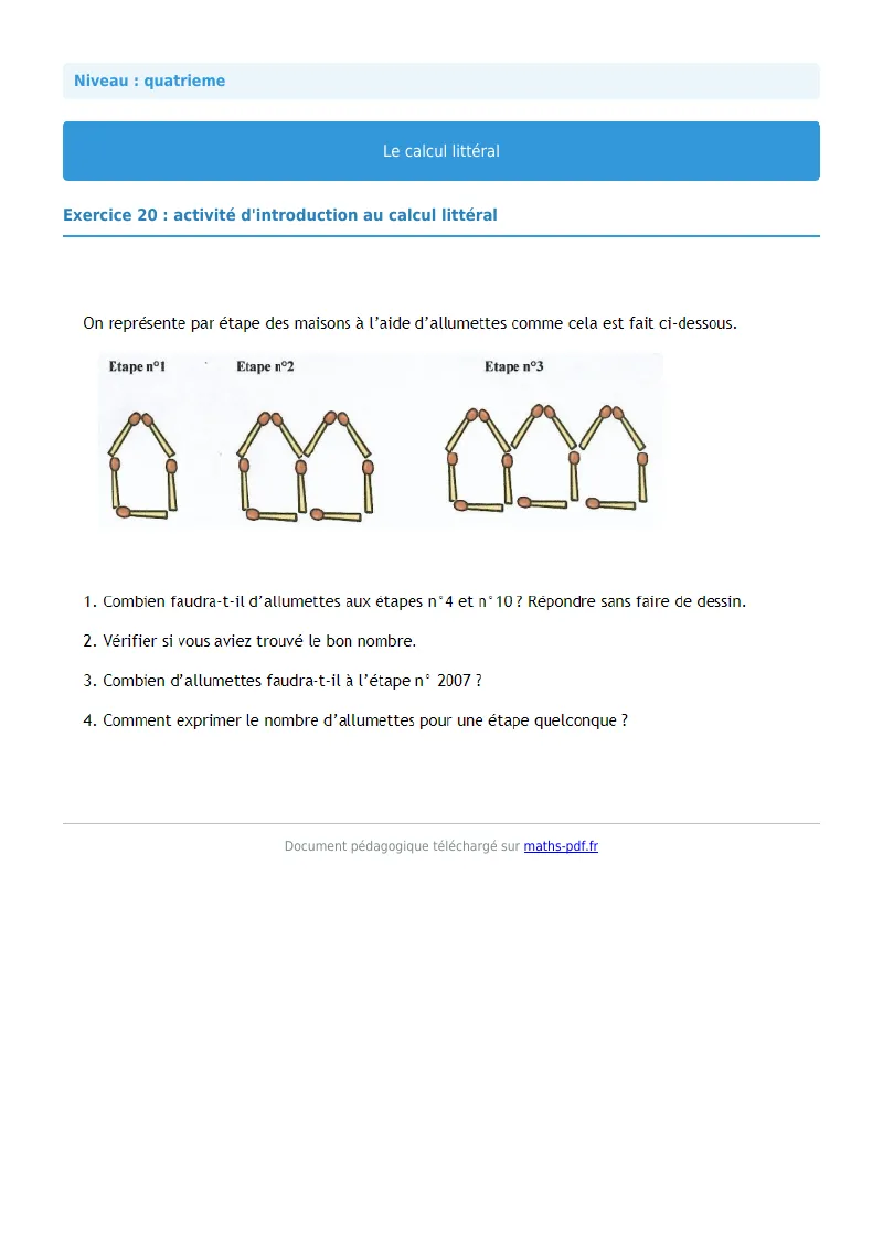 Calcul littéral : exercice n°20 de maths en 4ème corrigé en PDF
