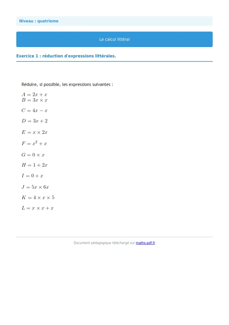 Calcul littéral : exercice n°1 de maths en 4ème corrigé en PDF