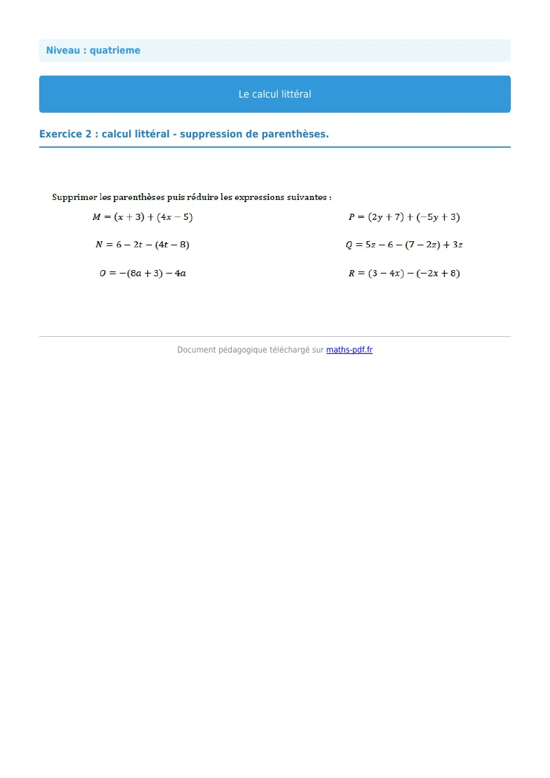 Calcul littéral : exercice n°2 de maths en 4ème corrigé en PDF