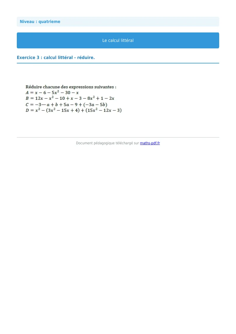 Calcul littéral : exercice n°3 de maths en 4ème corrigé en PDF
