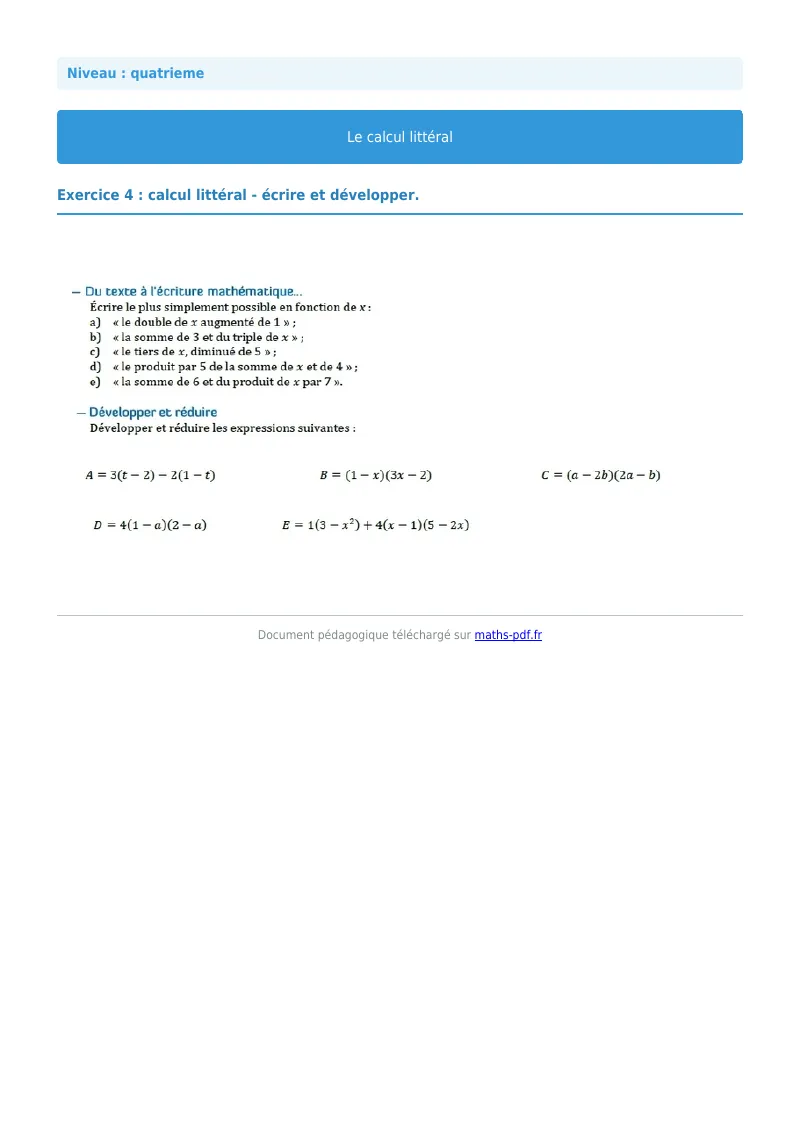 Calcul littéral : exercice n°4 de maths en 4ème corrigé en PDF