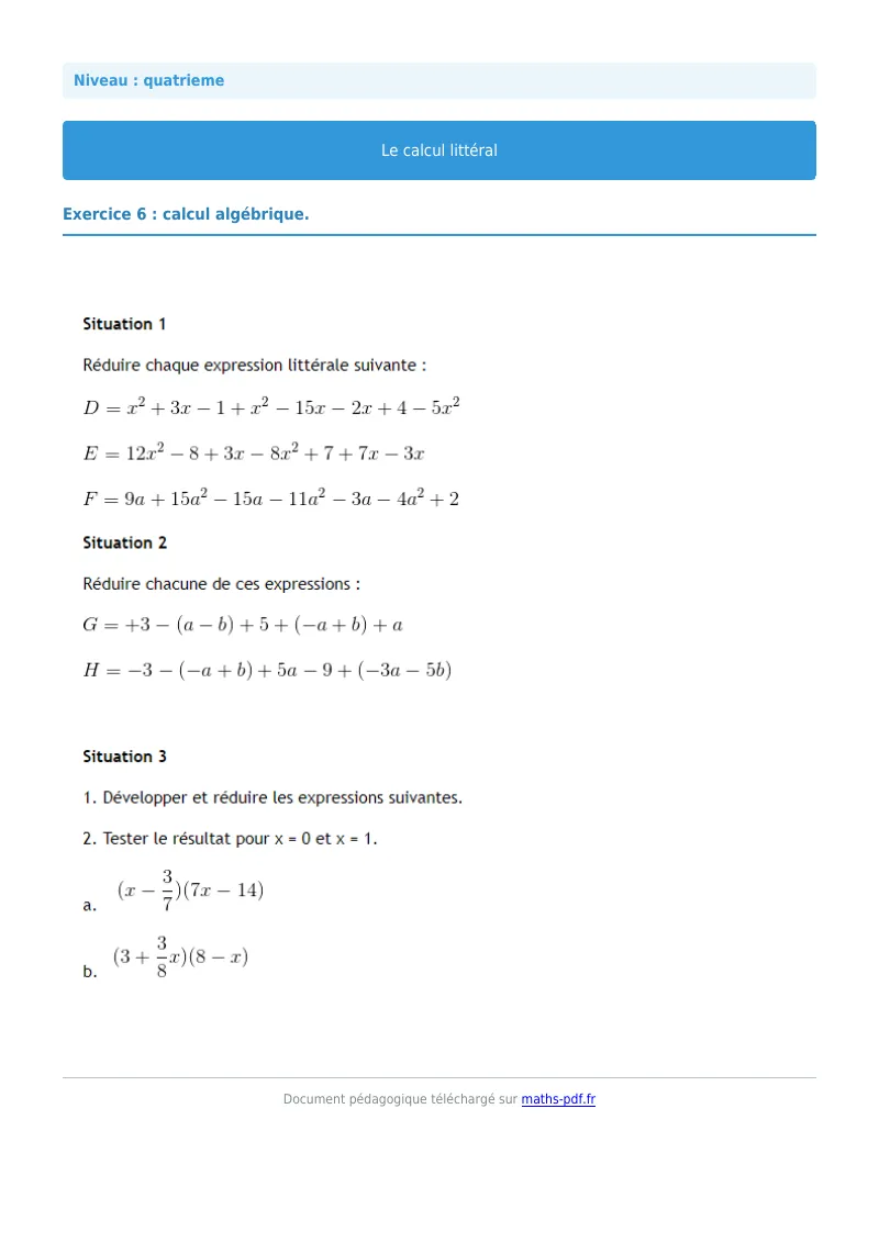 Calcul littéral : exercice n°6 de maths en 4ème corrigé en PDF