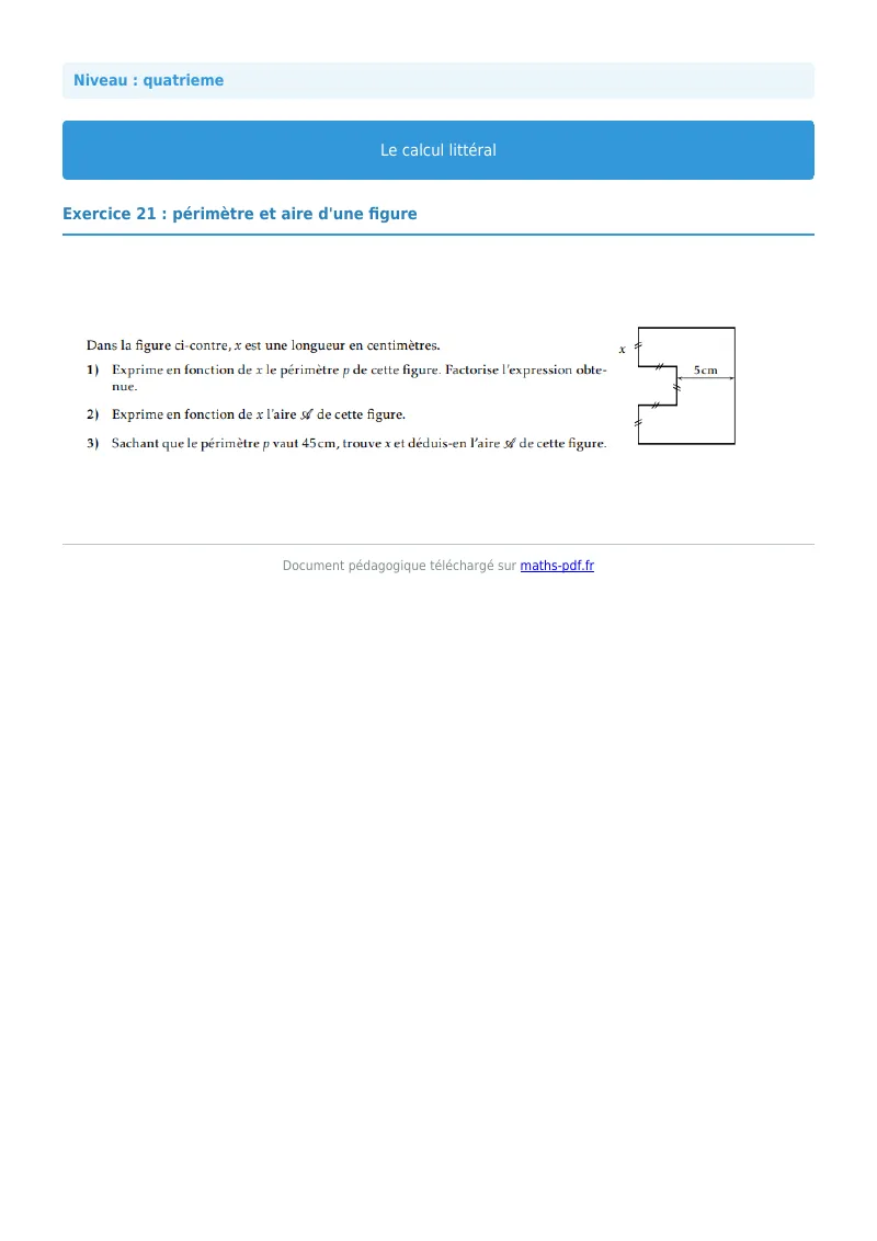 Calcul littéral : exercice n°21 de maths en 4ème corrigé en PDF