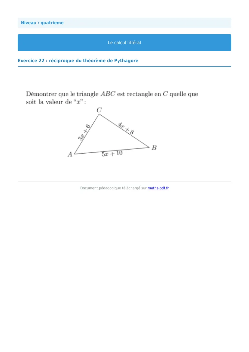 Calcul littéral : exercice n°22 de maths en 4ème corrigé en PDF