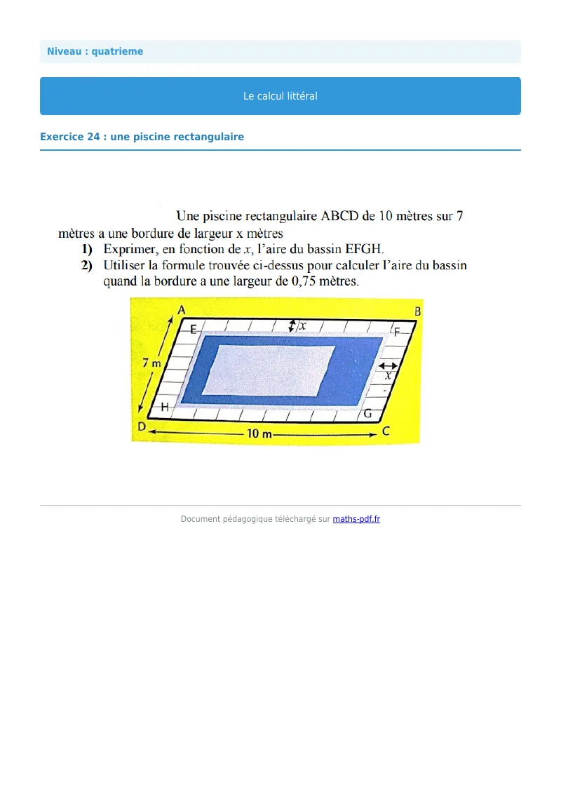 Calcul littéral : exercice n°24 de maths en 4ème corrigé en PDF
