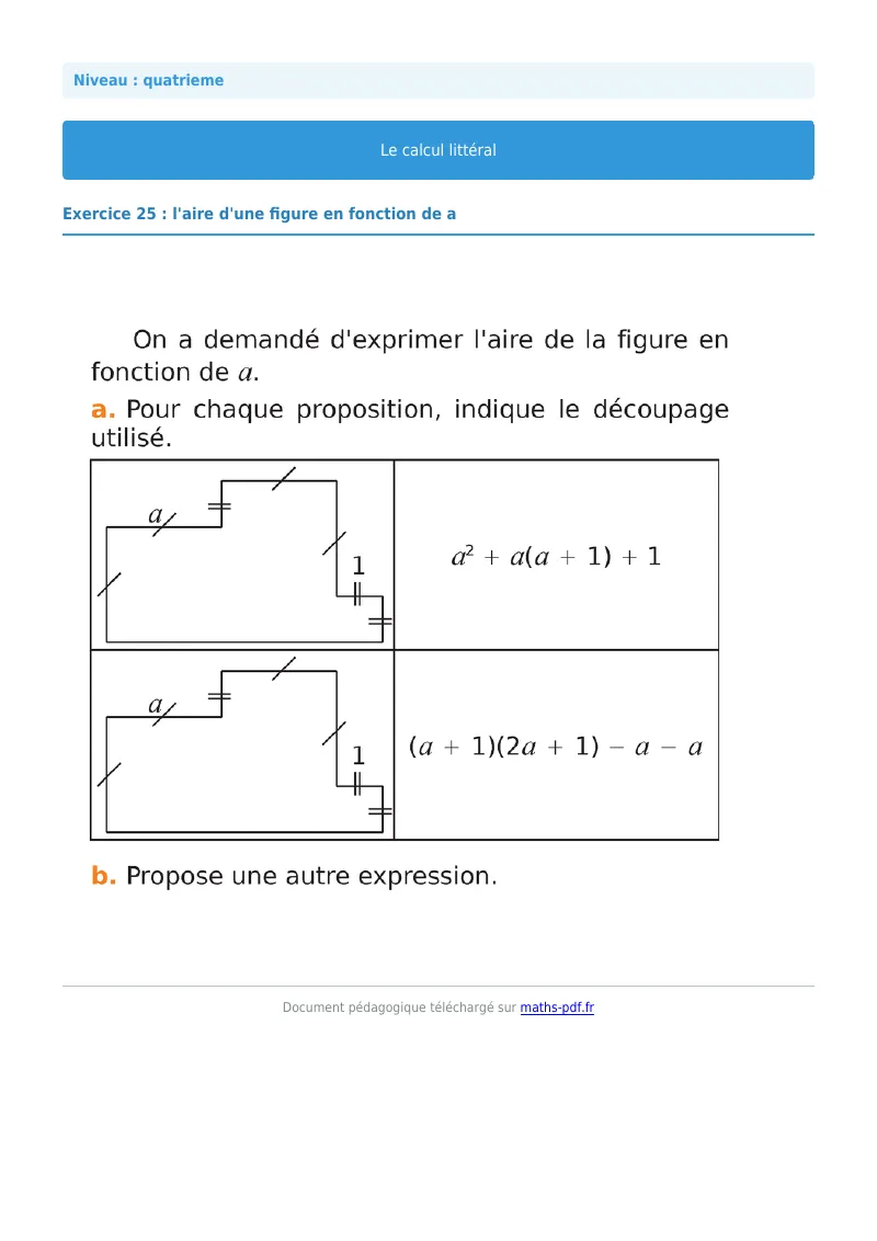 Calcul littéral : exercice n°25 de maths en 4ème corrigé en PDF