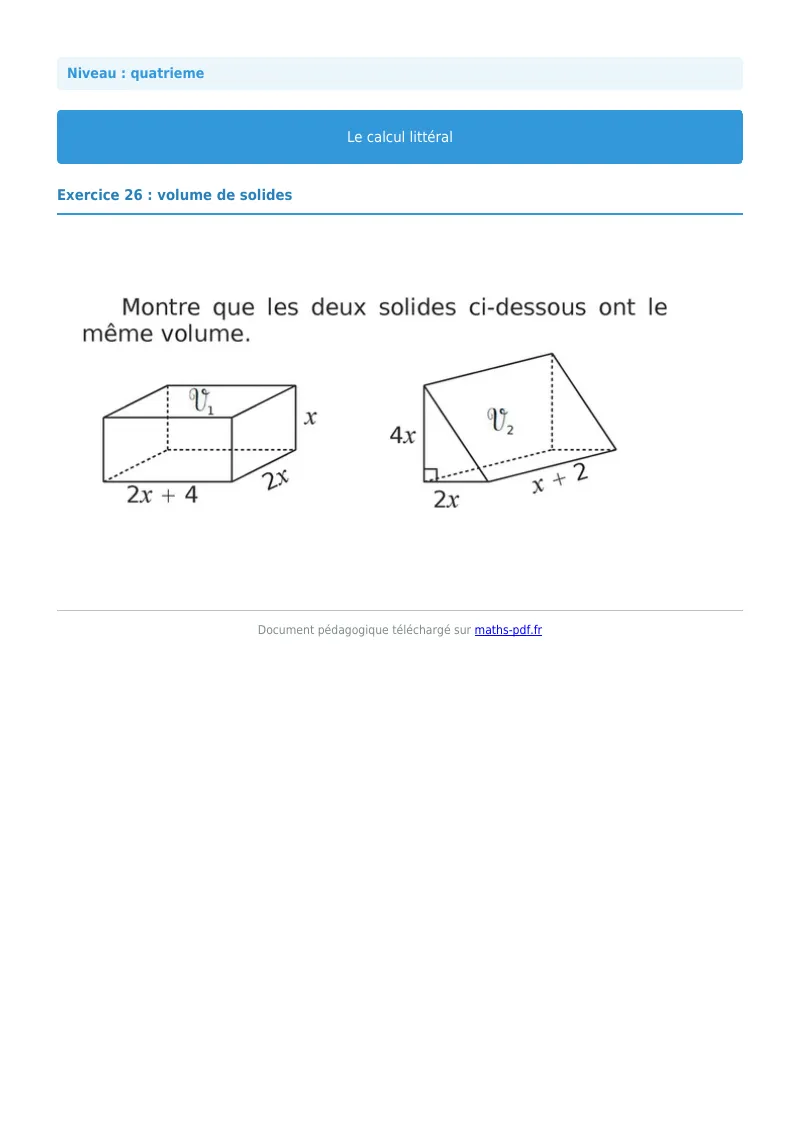 Calcul littéral : exercice n°26 de maths en 4ème corrigé en PDF