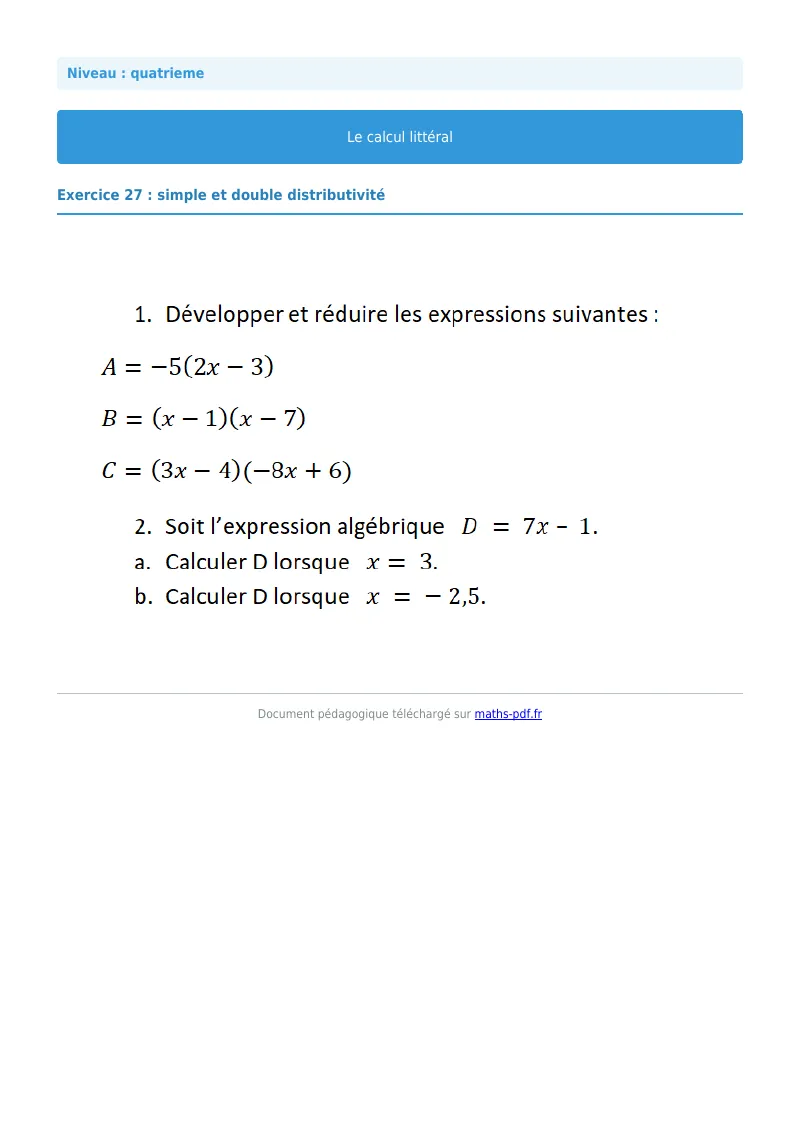 Calcul littéral : exercice n°27 de maths en 4ème corrigé en PDF