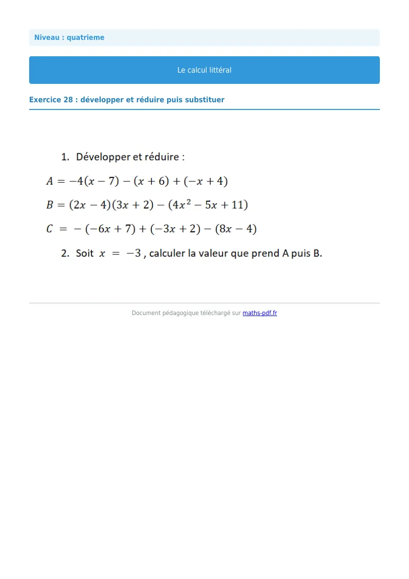 Calcul littéral : exercice n°28 de maths en 4ème corrigé en PDF