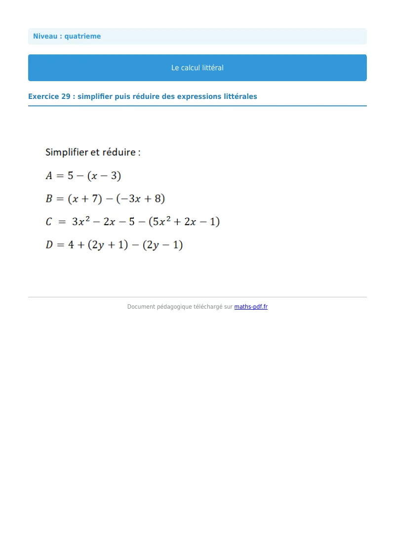 Calcul littéral : exercice n°29 de maths en 4ème corrigé en PDF