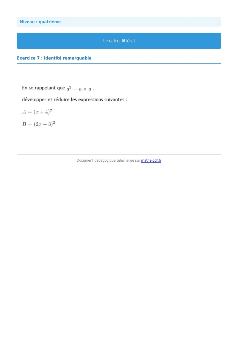 Calcul littéral : exercice n°7 de maths en 4ème corrigé en PDF