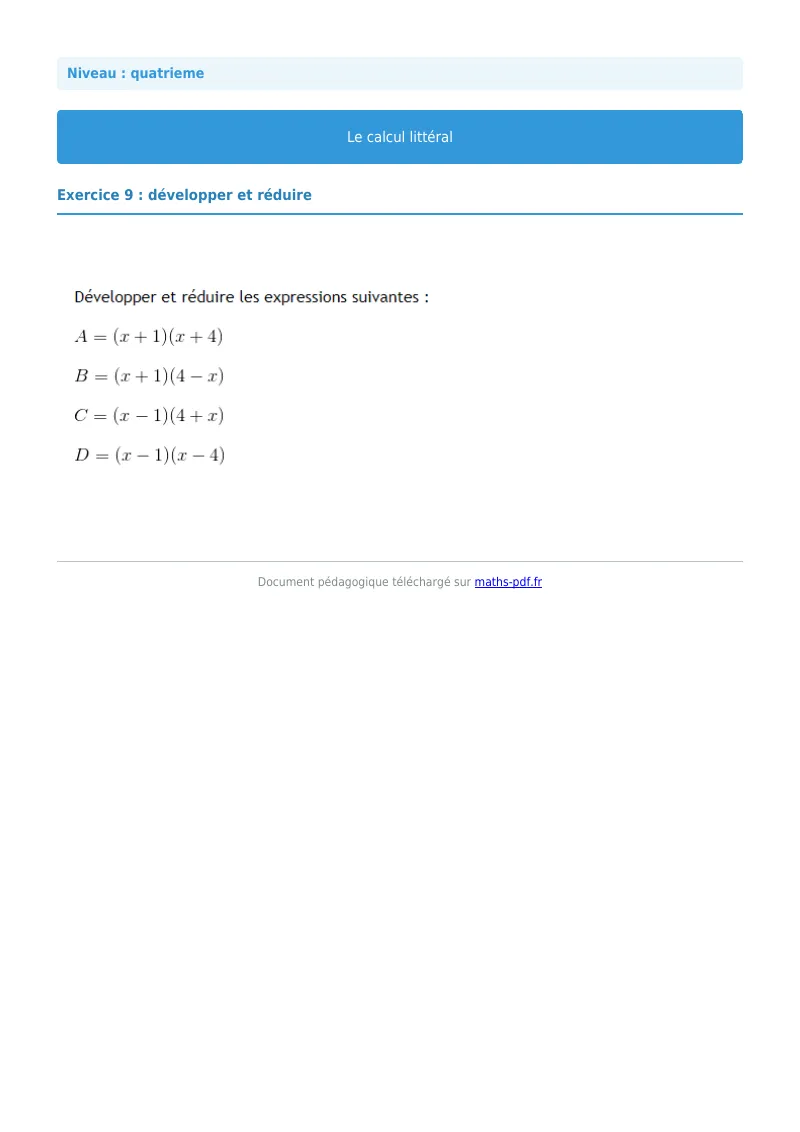 Calcul littéral : exercice n°9 de maths en 4ème corrigé en PDF