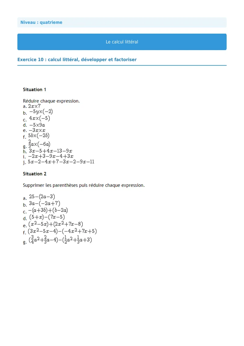 Calcul littéral : exercice n°10 de maths en 4ème corrigé en PDF