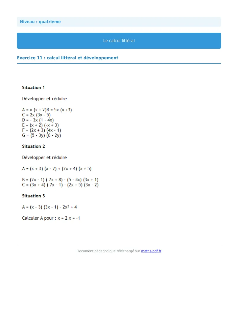 Calcul littéral : exercice n°11 de maths en 4ème corrigé en PDF