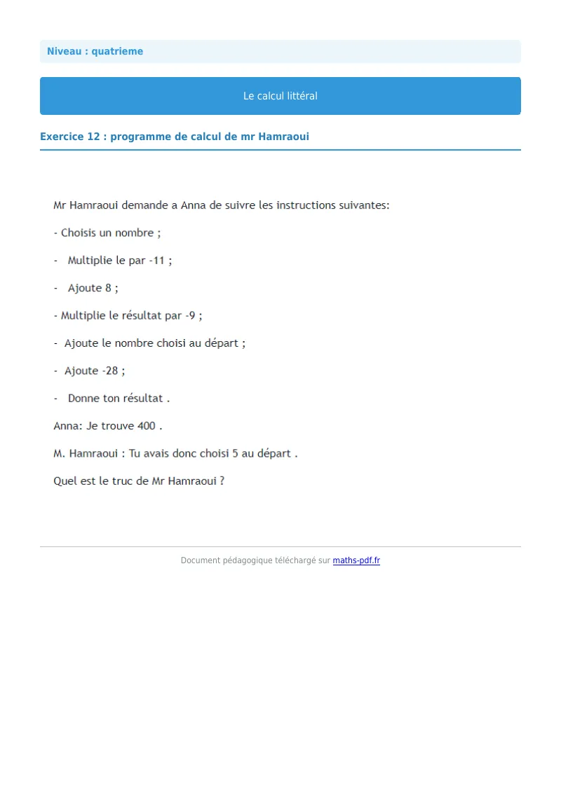 Calcul littéral : exercice n°12 de maths en 4ème corrigé en PDF