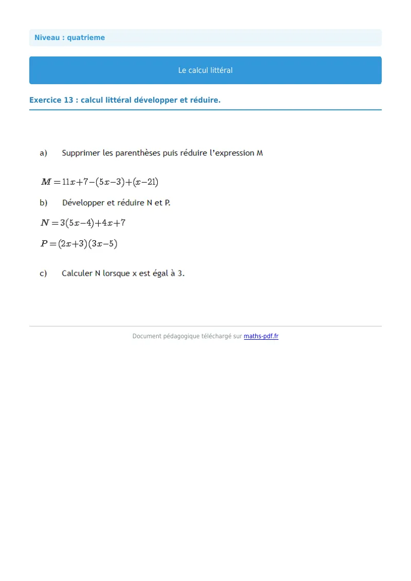 Calcul littéral : exercice n°13 de maths en 4ème corrigé en PDF