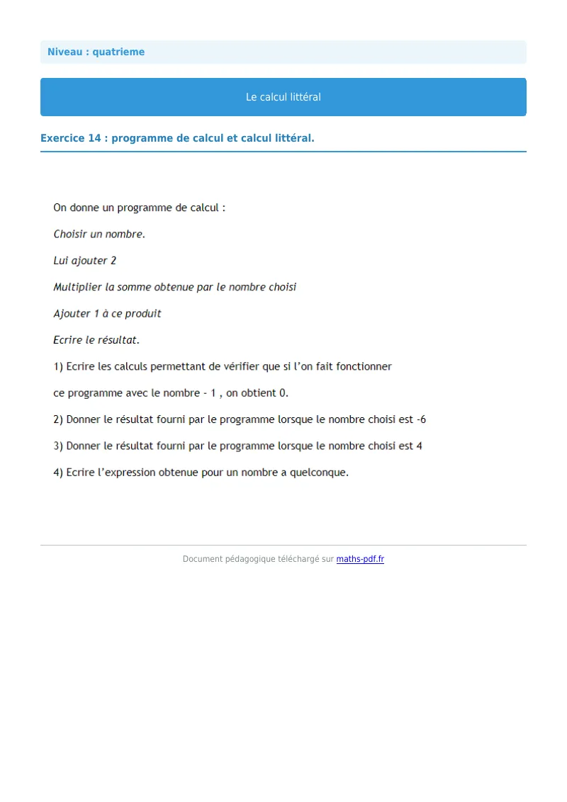 Calcul littéral : exercice n°14 de maths en 4ème corrigé en PDF